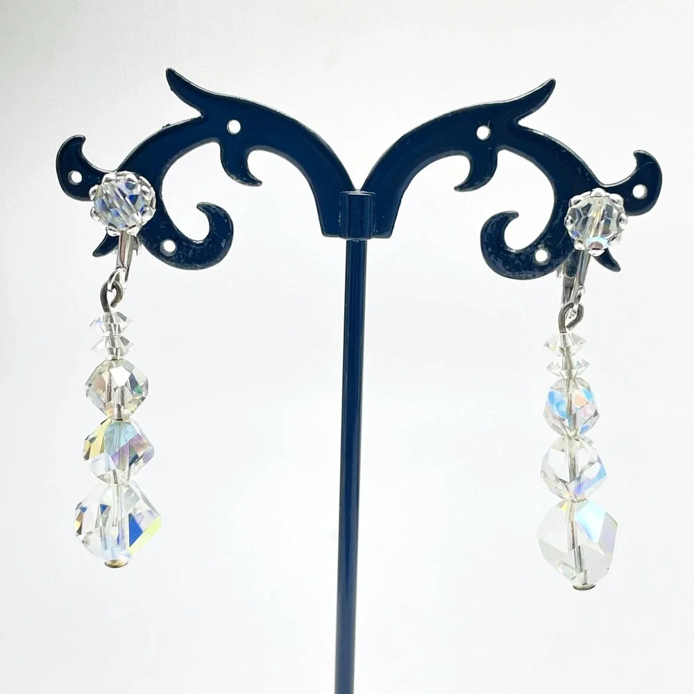 Vintage Dangle Earrings AB Aurora Borealis Clip On Silver Tone Faceted Beads